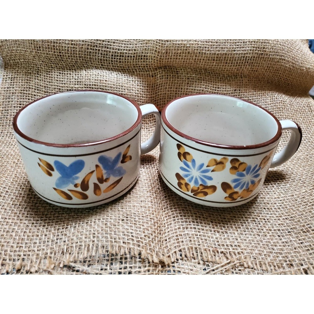 😎Soup Bowls, Floral Stoneware Brown Trim Boho 1970's Kitchen Decor (Set of‎ 2)